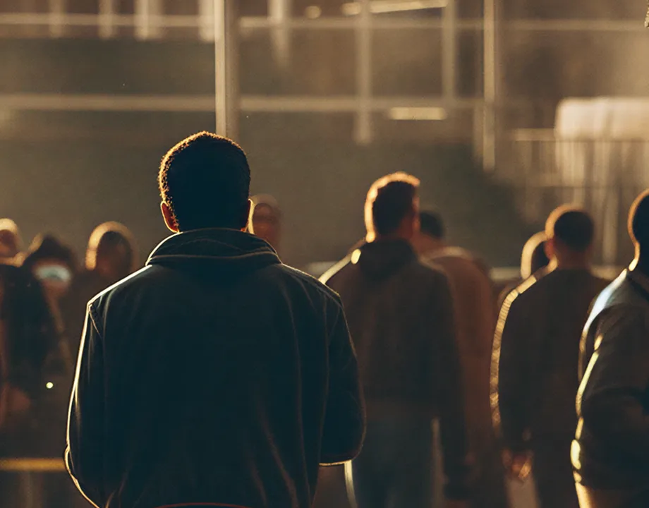 People walking in a dimly lit outdoor area during golden hour with warm sunlight illuminating the scene.
