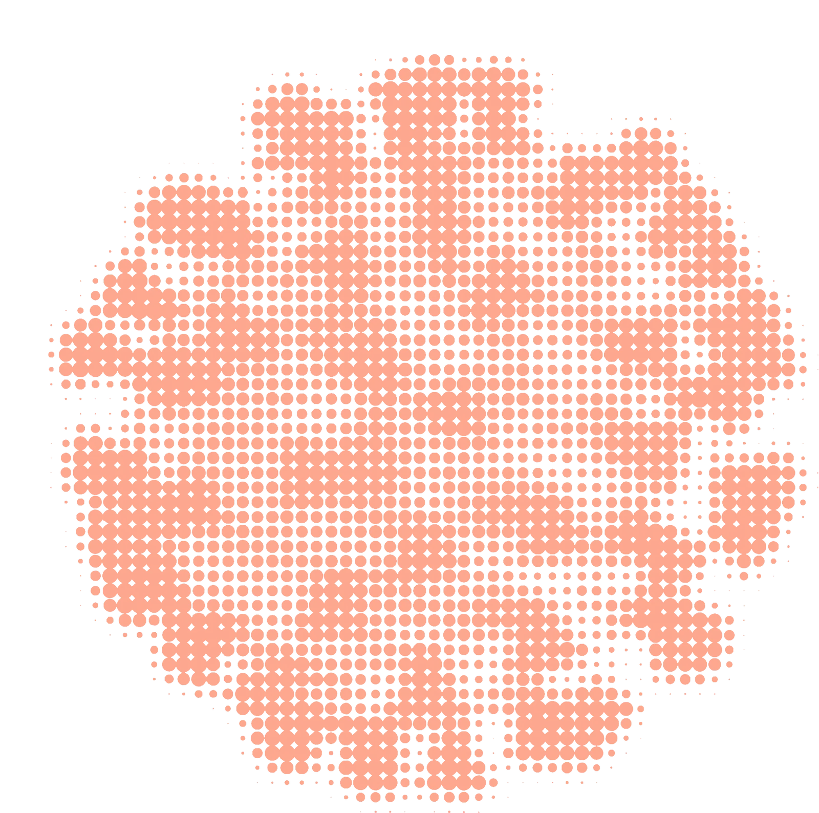 Orange halftone dotted abstract circular pattern on black background.