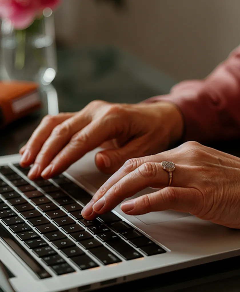 Close-up of hands typing on a laptop keyboard, one hand wearing a ring with a decorative stone.