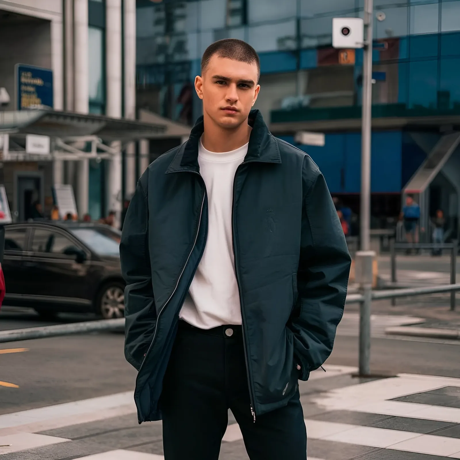 Young man with short hair wearing a dark jacket over a white shirt standing with hands in pockets in an urban street setting.