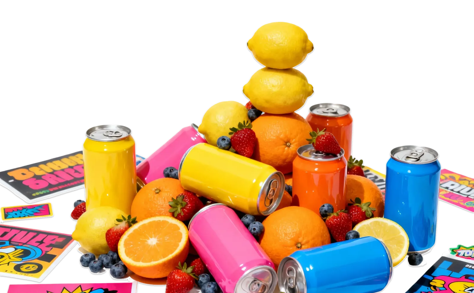 Colorful cans of soda surrounded by fresh citrus fruits, strawberries, blueberries, and promotional cards.