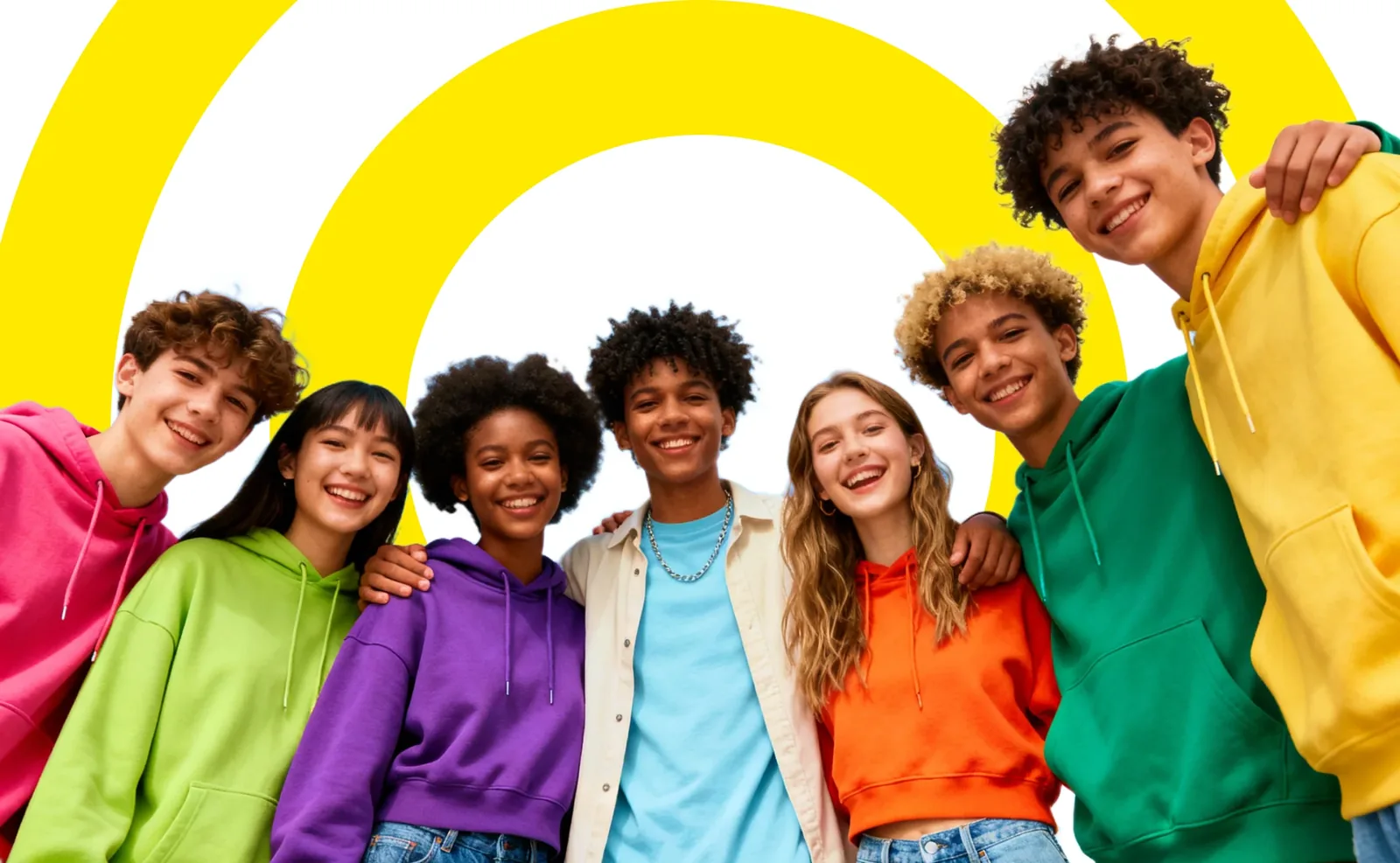 Group of seven diverse teenagers smiling and wearing colorful hoodies together against a white background with yellow arcs.