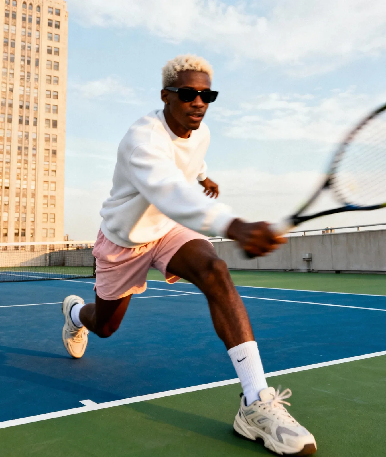 Athletic man in white sweatshirt and pink shorts lunging on an outdoor tennis court while swinging a racket.