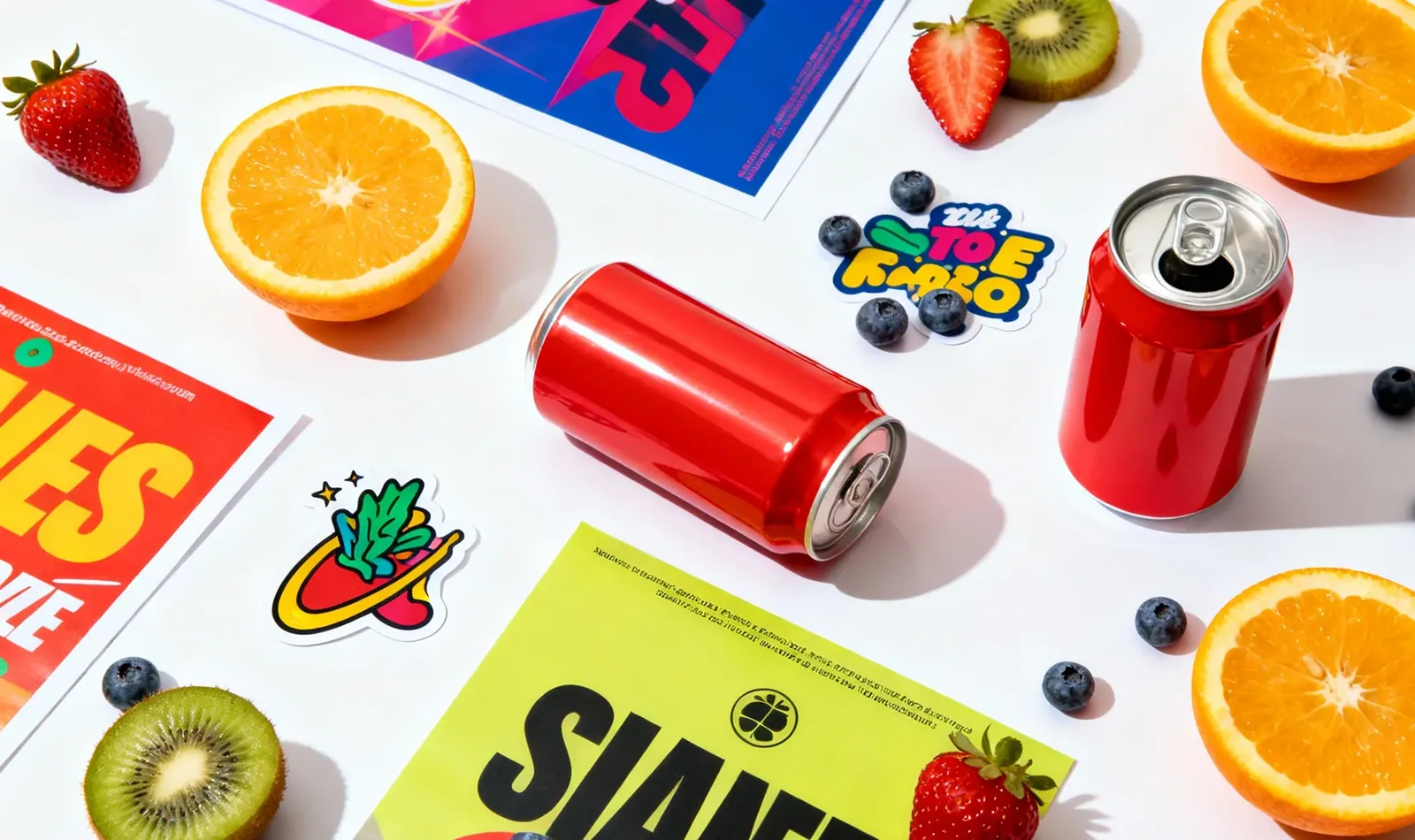 Two red soda cans surrounded by halved oranges, strawberries, kiwi slices, blueberries, colorful stickers, and printed papers on a white surface.