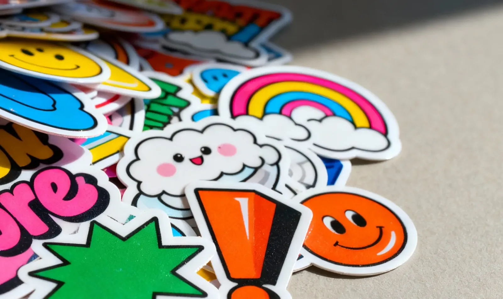 Colorful cartoon stickers including a smiling orange emoticon, a white cloud with a happy face, a rainbow, and an orange exclamation mark on a beige surface.