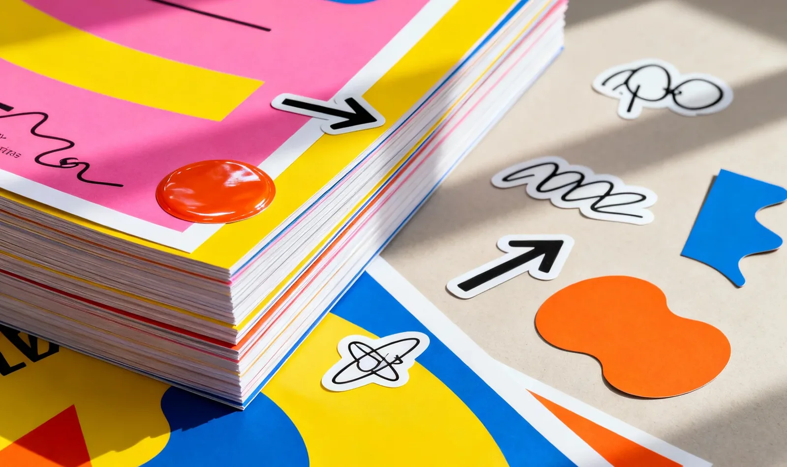 Stack of colorful papers with geometric shapes and arrows stickers on a table.