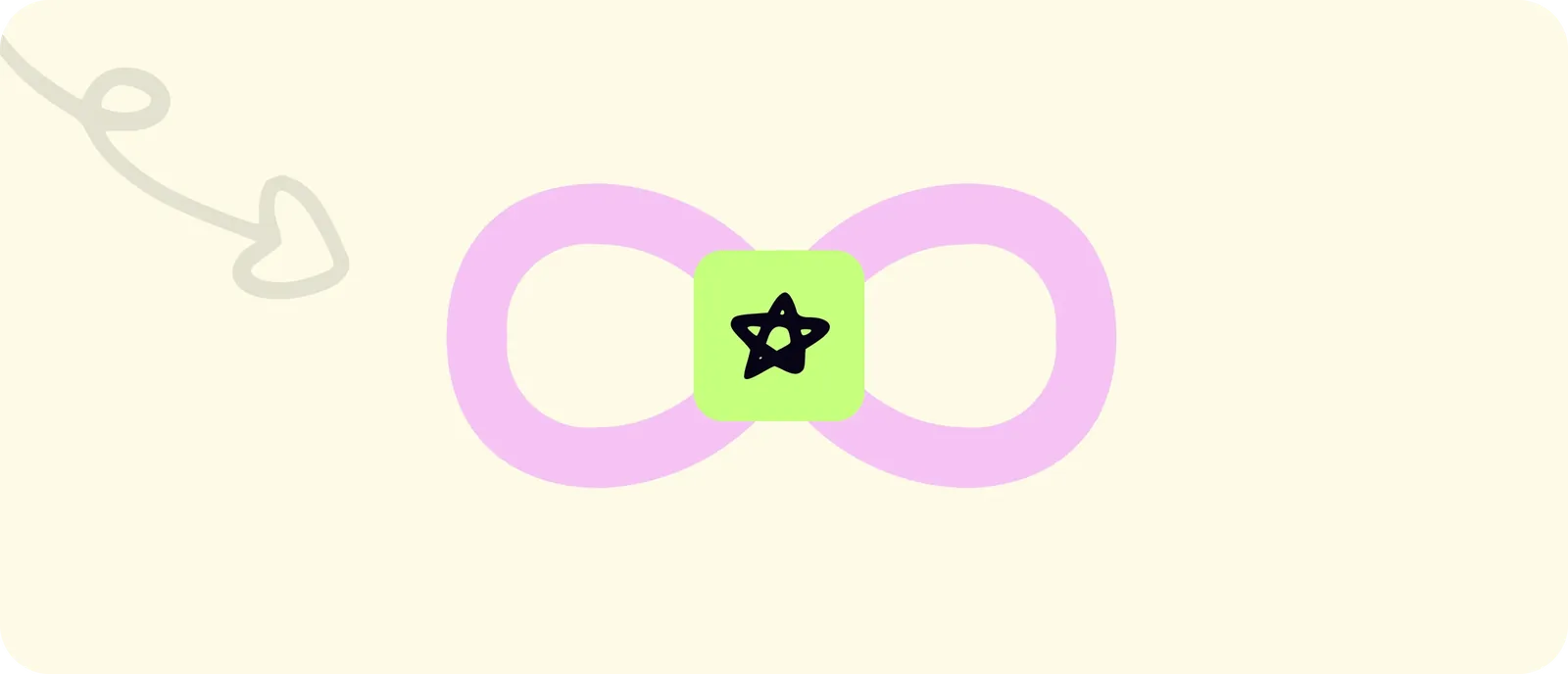 Decorative illustration featuring an infinity symbol, a star icon, and a curved arrow.