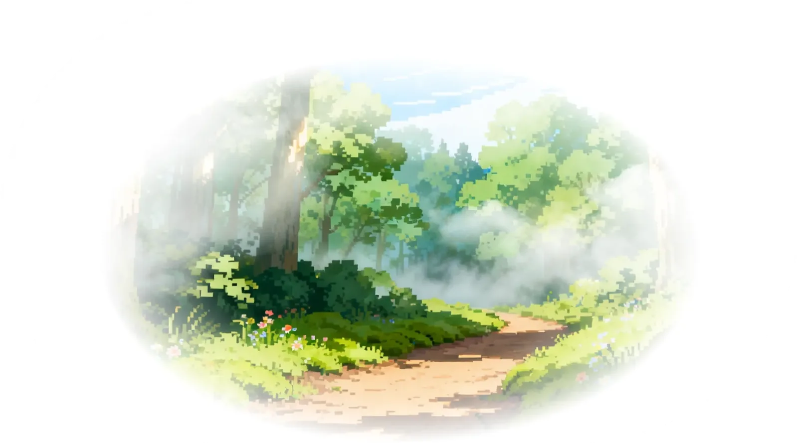 Pixel art style forest scene with a sunlit dirt path, green trees, bushes, flowers, and mist.
