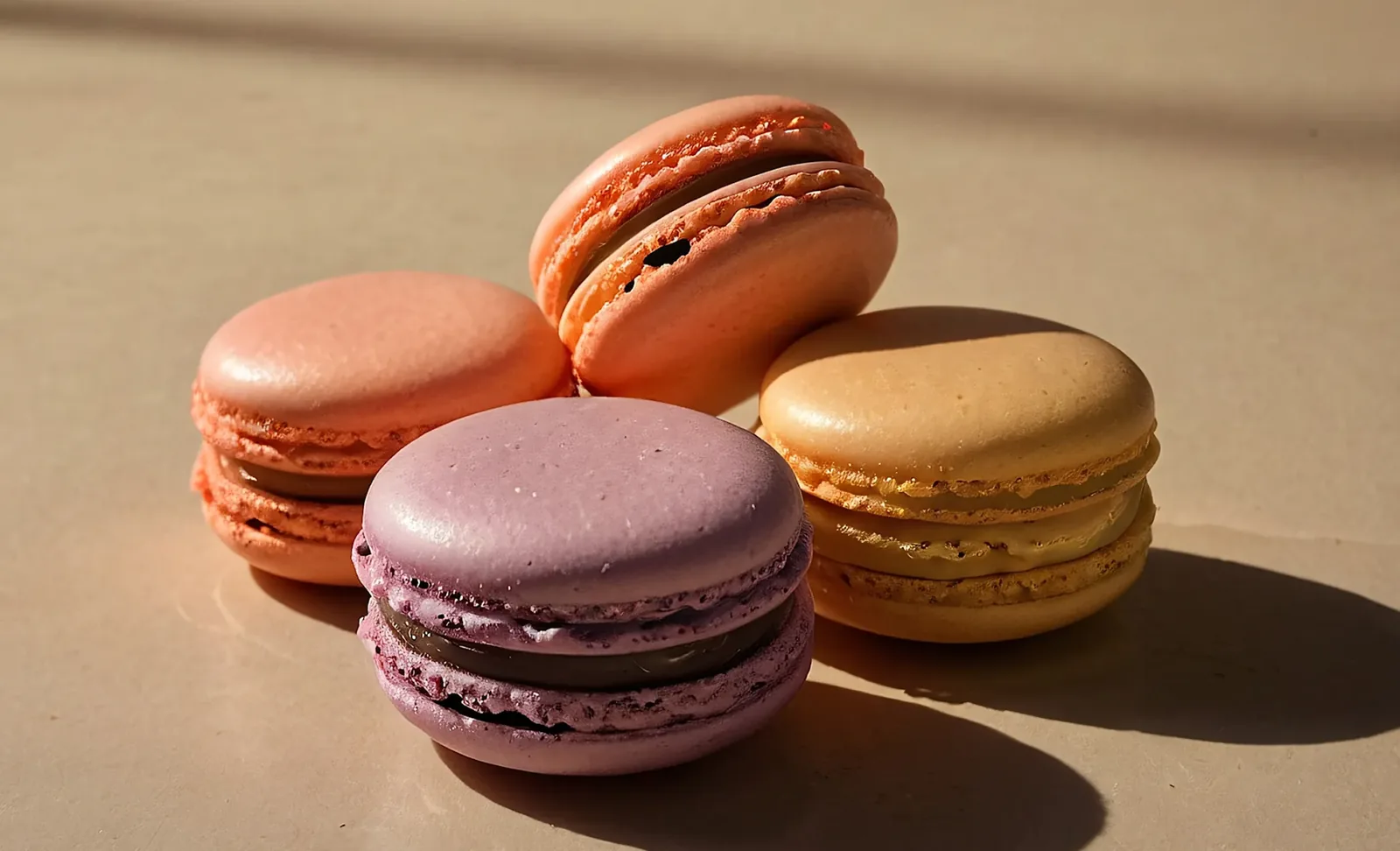Four macarons in pastel colors purple, orange, and beige on a beige surface with shadows.