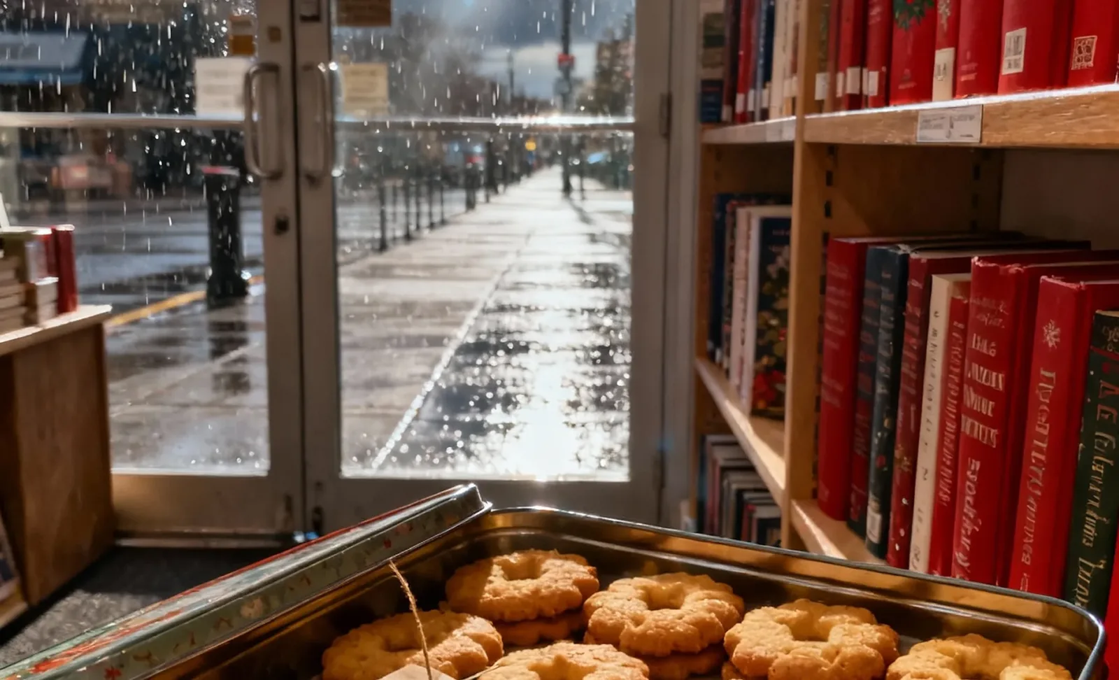 Open tin of round cookies inside a bookstore with raindrops on the glass door and a wet sidewalk outside.