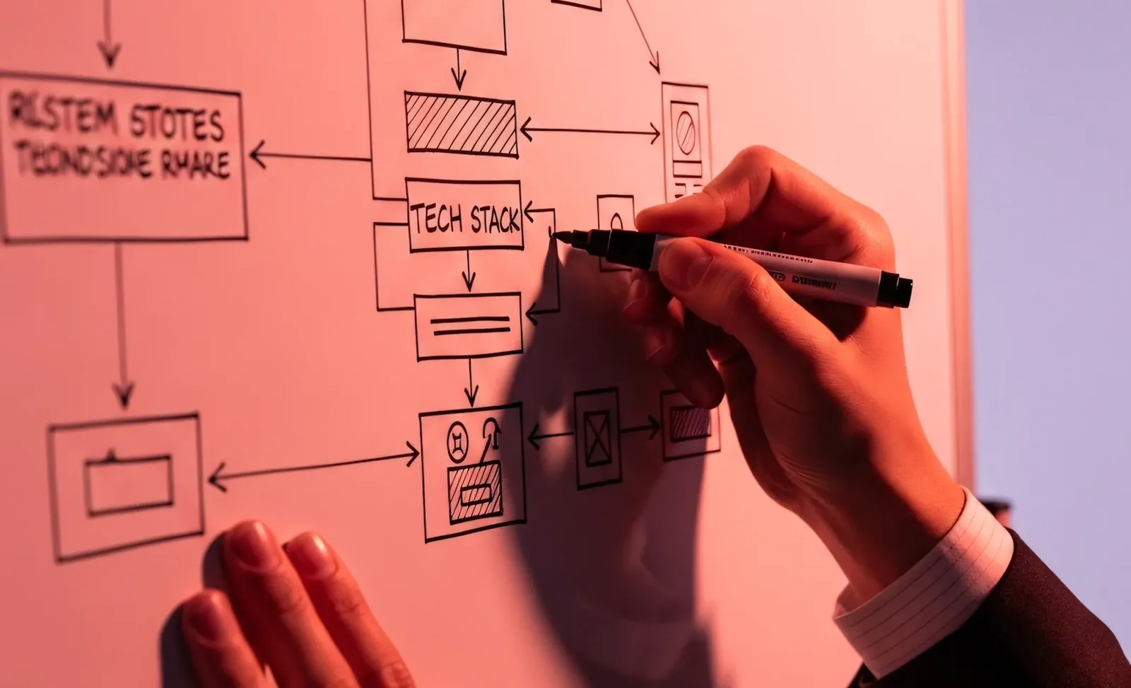 Close-up of a person drawing a flowchart with black marker on a whiteboard, highlighting a box labeled 'TECH STACK'.