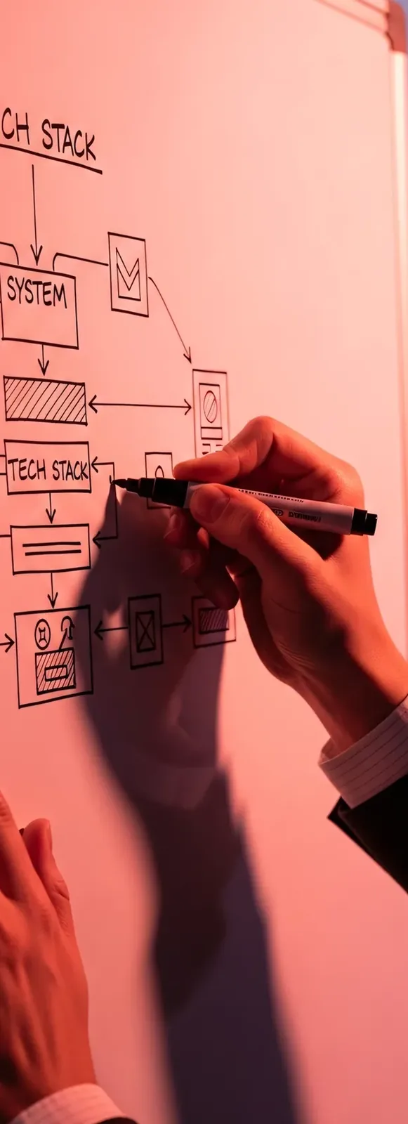 Person drawing a tech stack flowchart with connecting arrows on a whiteboard using a black marker.