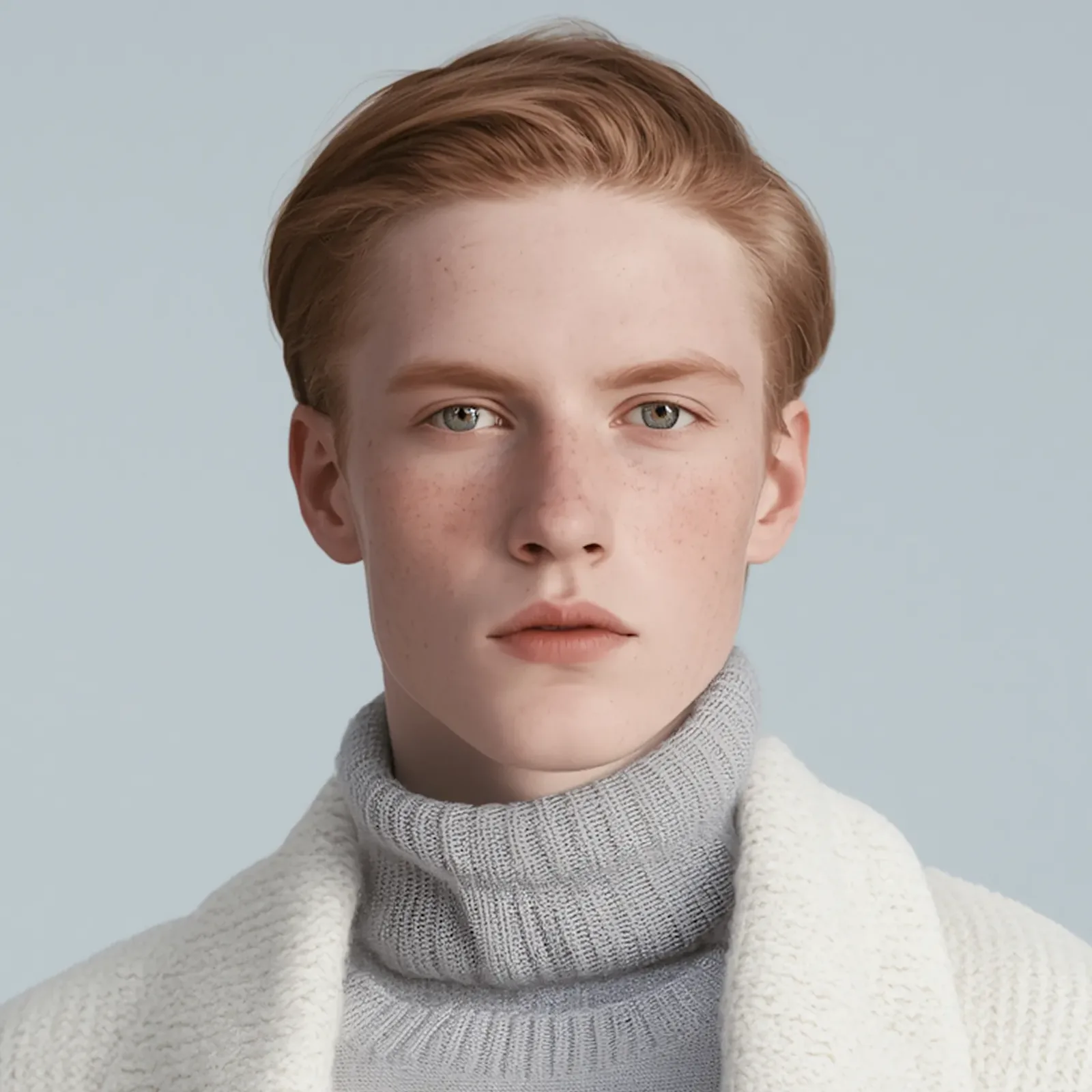 Young person with light skin, freckles, and red hair styled back, wearing a gray turtleneck sweater and white textured jacket against a light blue background.