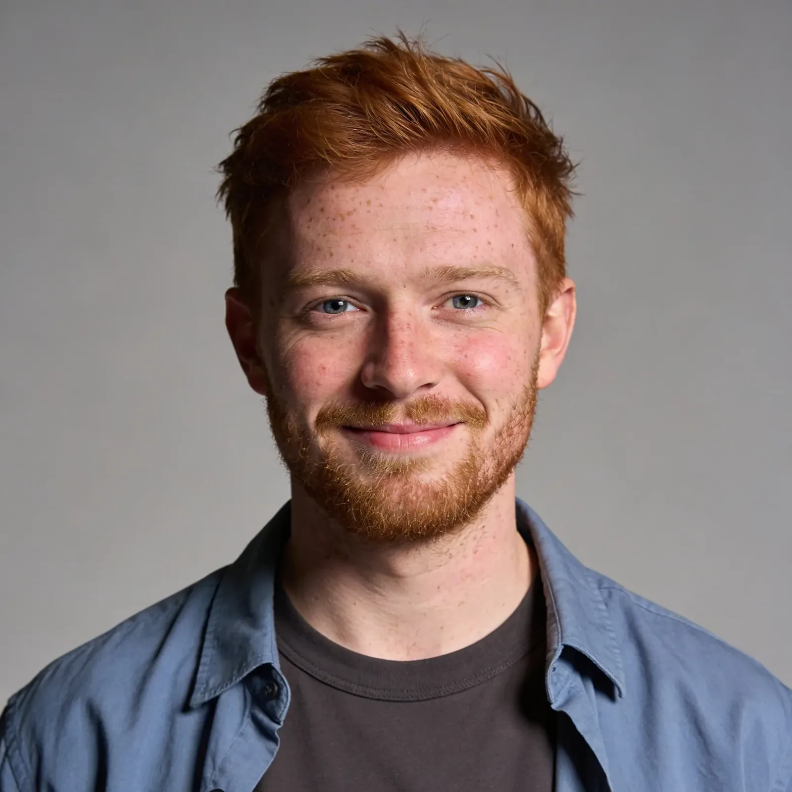 Smiling young man with red hair, beard, and freckles wearing a black shirt and blue open button-up shirt against a plain background.