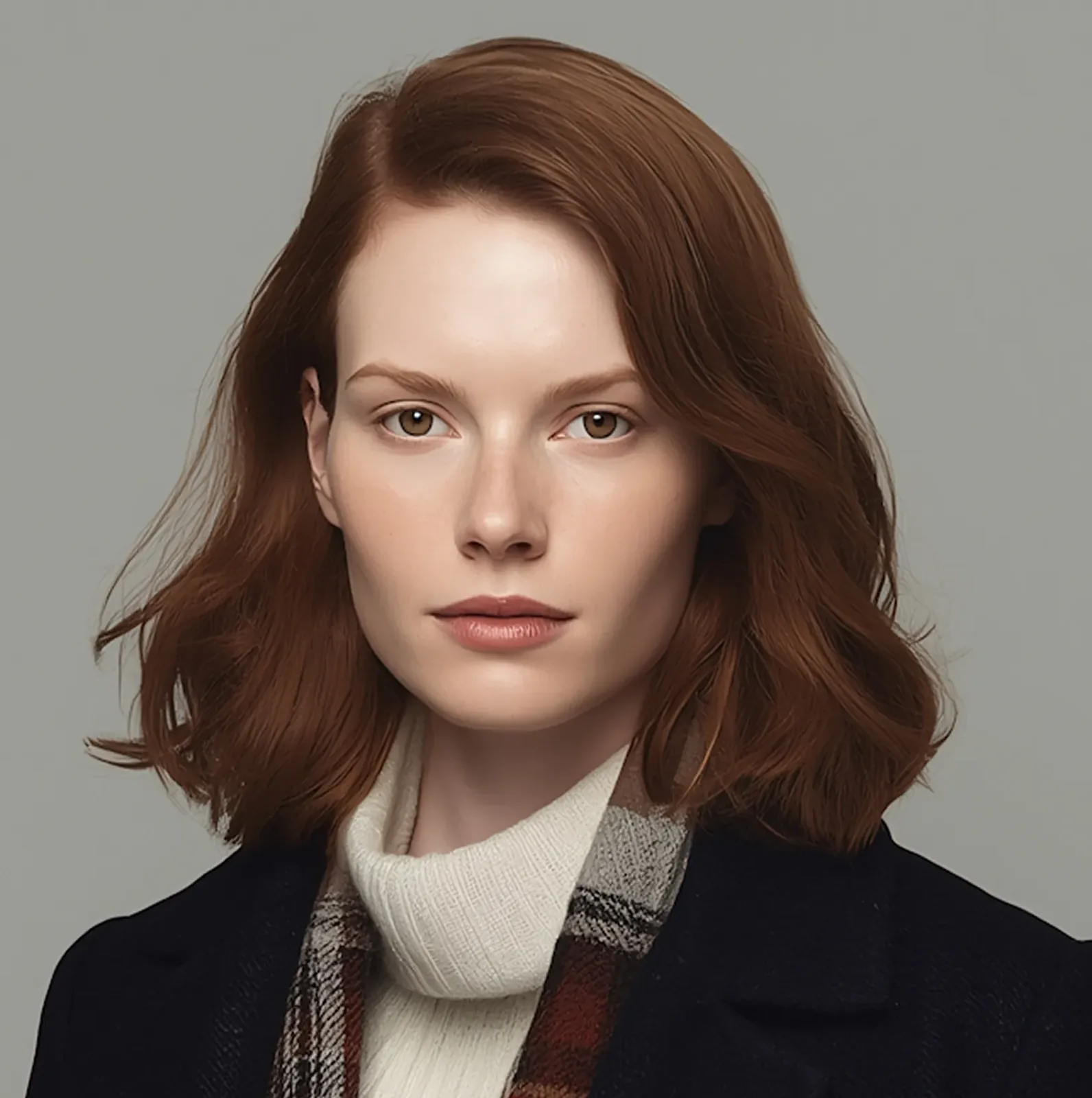 Portrait of a woman with shoulder-length auburn hair, wearing a white turtleneck sweater and a dark coat with a plaid scarf.