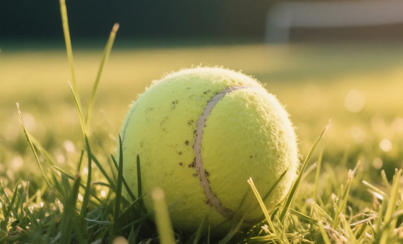 Close-up of a slightly worn yellow tennis ball resting on green grass in sunlight.