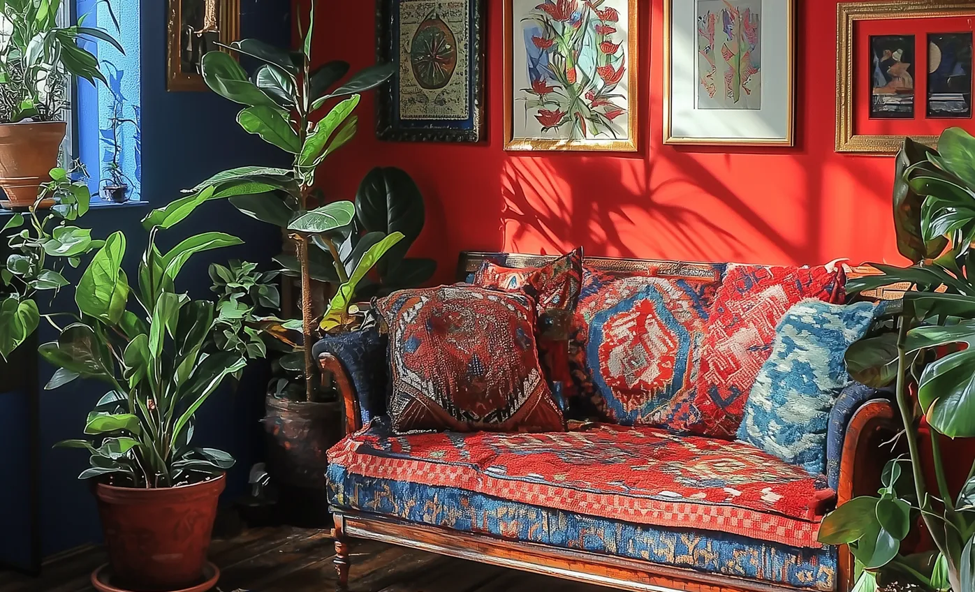 Living room corner with a vintage wooden sofa covered in patterned red and blue upholstery, surrounded by various green potted plants and colorful framed artwork on a red wall.